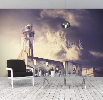 Picture of Vintage picture of dramatic rainy sky over Alcatraz Island san francisco usa